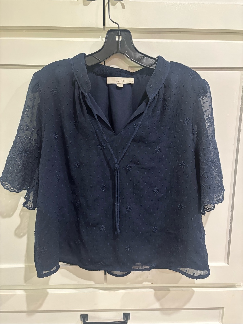 LOFT Navy Embroidered Tie-Neck Short Sleeve Blouse